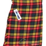 Buchanan Modern tartan 5-yard kilt front view—lightweight construction in brilliant yellow, red and green bold colors with asymmetrical pattern