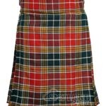 Buchanan Ancient tartan 5-yard kilt front view—lightweight construction in softer yellow, red and green natural dye tones with asymmetrical pattern