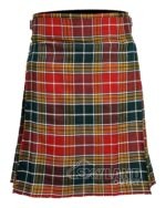 Buchanan Ancient tartan 5-yard kilt front view—lightweight construction in softer yellow, red and green natural dye tones with asymmetrical pattern
