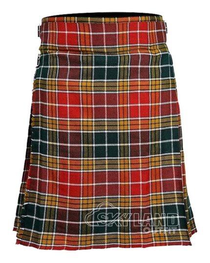 Buchanan Ancient tartan 5-yard kilt front view—lightweight construction in softer yellow, red and green natural dye tones with asymmetrical pattern