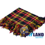 Buchanan tartan kilt fly plaid with free Celtic brooch, vibrant yellow and red clan pattern traditional Scottish Highland dress from Loch Lomond region