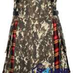 digital camo hybrid utility kilt front view, Buchanan tartan kilt back pleats, camo and tartan hybrid kilt, adjustable strap digital camo kilt, cotton hybrid utility kilt for men,