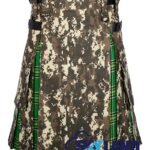 digital camo hybrid utility kilt front view, Irish tartan kilt back pleats, digital camo and Irish tartan hybrid kilt, adjustable strap digital camo kilt, cotton hybrid utility kilt for men,