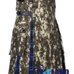 digital camo hybrid utility kilt front view, Ramsey Blue tartan kilt back pleats, digital camo and tartan hybrid kilt, adjustable strap digital camo kilt, cotton hybrid utility kilt for men,
