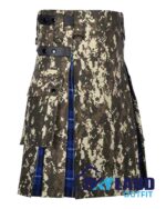 digital camo hybrid utility kilt front view, Ramsey Blue tartan kilt back pleats, digital camo and tartan hybrid kilt, adjustable strap digital camo kilt, cotton hybrid utility kilt for men,
