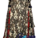 digital camo hybrid utility kilt front view, Royal Stewart tartan kilt back pleats, digital camo and tartan hybrid kilt, adjustable strap digital camo kilt, cotton hybrid utility kilt for men,
