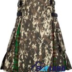 digital camo hybrid utility kilt front view, Tara Murphy tartan kilt back pleats, digital camo and tartan hybrid kilt, adjustable strap digital camo kilt, cotton hybrid utility kilt for men,