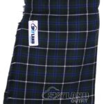Blue Douglas tartan 5-yard kilt front view—lightweight construction in blue, green, and white Clan Douglas "Black Douglas" heritage pattern