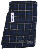 Blue Douglas tartan 5-yard kilt front view—lightweight construction in blue, green, and white Clan Douglas "Black Douglas" heritage pattern