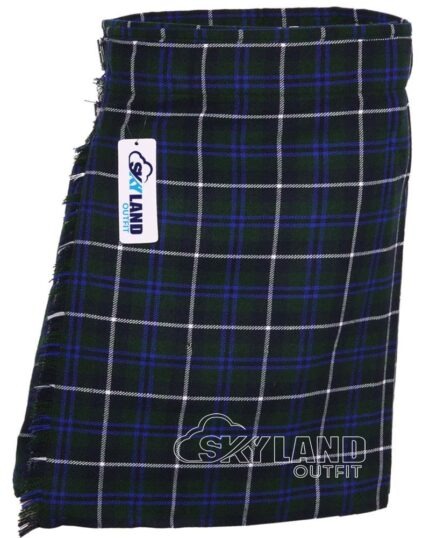 Blue Douglas tartan 5-yard kilt front view—lightweight construction in blue, green, and white Clan Douglas "Black Douglas" heritage pattern