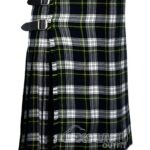 Dress Gordon tartan 5-yard kilt front view—lightweight construction in navy blue, forest green, black, white, yellow and royal blue Clan Gordon pattern