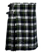 Dress Gordon tartan 5-yard kilt front view—lightweight construction in navy blue, forest green, black, white, yellow and royal blue Clan Gordon pattern