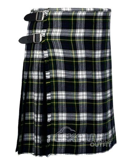Dress Gordon tartan 5-yard kilt front view—lightweight construction in navy blue, forest green, black, white, yellow and royal blue Clan Gordon pattern
