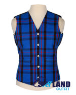 Elliot tartan waistcoat—5-button Argyle vest in red, green, blue Clan Elliot "Fortiter et Recte" heritage pattern