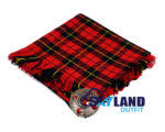 Wallace tartan kilt fly plaid with free Celtic brooch, bold red and black war pattern representing William Wallace Scottish national hero and Braveheart legacy