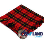 Wallace tartan kilt fly plaid with free Celtic brooch, bold red and black war pattern representing William Wallace Scottish national hero and Braveheart legacy