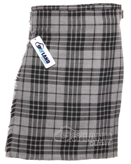 Grey Watch tartan 5-yard kilt front view—lightweight construction in grey and black check pattern with grey base color