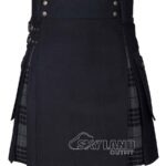 Grey Watch tartan hybrid utility kilt with black cotton body