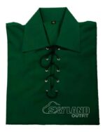 Man in green full sleeve Jacobite shirt with tartan kilt outfit