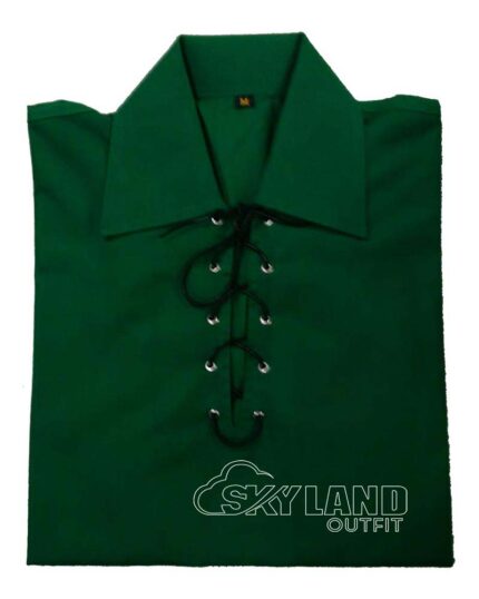 Man in green full sleeve Jacobite shirt with tartan kilt outfit