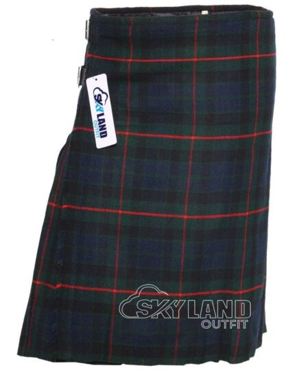 Gunn tartan 5-yard kilt front view—lightweight construction in Clan Gunn Norse-Gaelic heritage pattern
