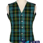 Gunn Ancient tartan waistcoat—5-button Argyle vest in muted green, blue, grey Norse-Gaelic heritage pattern