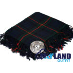 Gunn tartan kilt fly plaid with free Celtic brooch, bold red and green Highland pattern representing ancient Norse-Scottish clan heritage