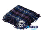 Heritage of Scotland tartan kilt fly plaid with free Celtic brooch, distinctive purple and green national tartan pattern traditional Scottish dress