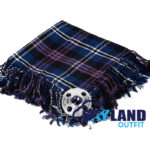 Heritage of Scotland tartan kilt fly plaid with free Celtic brooch, distinctive purple and green national tartan pattern traditional Scottish dress