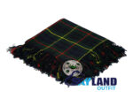 Hunting Stewart tartan kilt fly plaid with free Celtic brooch, muted green and brown earth tone pattern traditional Scottish Highland dress