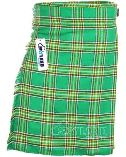 Irish National tartan 5-yard kilt front view—lightweight construction in green, white and orange Irish flag colors