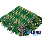 Irish Heritage tartan kilt fly plaid with free Celtic brooch, emerald green and gold plaid pattern traditional Celtic dress for formal occasions