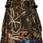 grey camouflage utility kilt front view, grey camo kilt side cargo pockets, adjustable leather strap utility kilt, cotton grey camo utility kilt for men, rugged grey camo kilt,