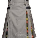 Buchanan Tartan and khaki cotton hybrid kilt front view