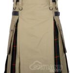 Man in Gunn tartan khaki cotton hybrid utility kilt