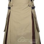 Khaki brown hybrid utility kilt with cotton body & pleats