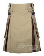 Khaki brown hybrid utility kilt with cotton body & pleats