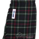MacKenzie tartan 5-yard kilt front view—lightweight construction in blue, green and red Clan MacKenzie pattern
