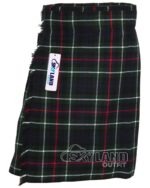 MacKenzie tartan 5-yard kilt front view—lightweight construction in blue, green and red Clan MacKenzie pattern