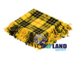 Macleod of Lewis tartan kilt fly plaid draped over shoulder with free Celtic thistle brooch pin, traditional Scottish Highland dress