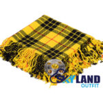 Macleod of Lewis tartan kilt fly plaid draped over shoulder with free Celtic thistle brooch pin, traditional Scottish Highland dress