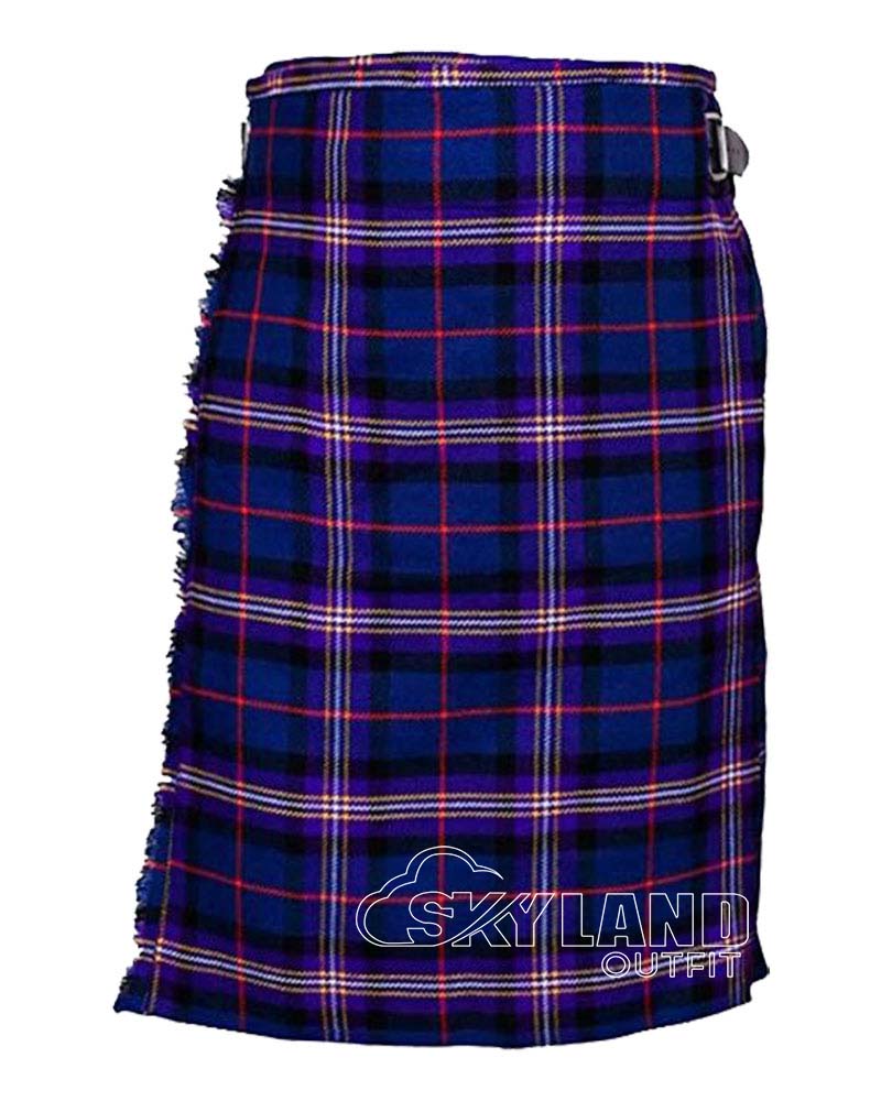 masonic-tartan-5-yard-kilt Masonic Fidelity tartan 5-yard kilt front view—lightweight construction in rich blue with black and white accent lines representing Blue Lodge heritage
