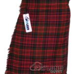 MacDonald tartan 5-yard kilt front view—lightweight construction in rich red, green and navy Clan MacDonald pattern