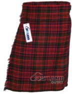 MacDonald tartan 5-yard kilt front view—lightweight construction in rich red, green and navy Clan MacDonald pattern