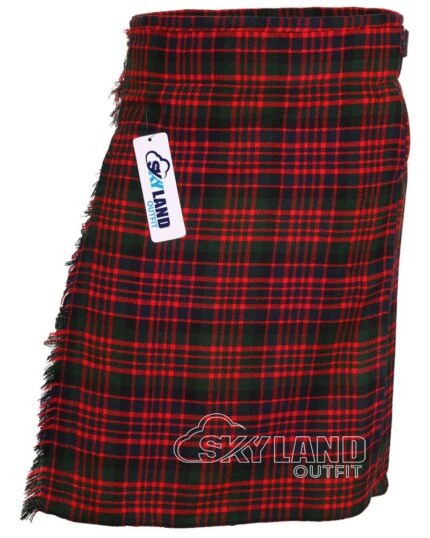 MacDonald tartan 5-yard kilt front view—lightweight construction in rich red, green and navy Clan MacDonald pattern