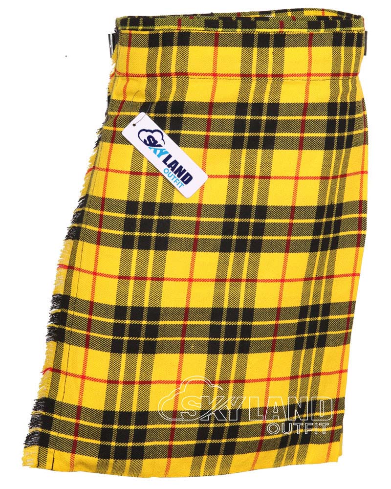 mcleord-of-levise-10 MacLeod of Lewis tartan 5-yard kilt front view—lightweight construction in bold yellow, black and red pattern