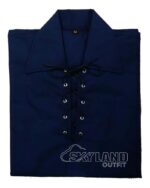Man in navy blue full sleeve Jacobite shirt with tartan kilt outfit