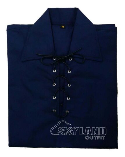 Man in navy blue full sleeve Jacobite shirt with tartan kilt outfit