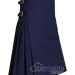 Navy blue wool 8-yard kilt front view—hand-pleated traditional construction in rich naval blue pure wool