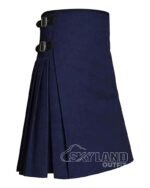 Navy blue wool 8-yard kilt front view—hand-pleated traditional construction in rich naval blue pure wool
